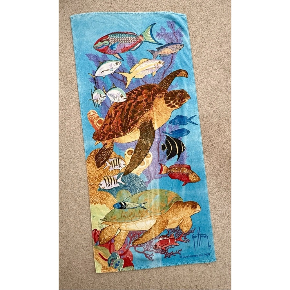 Vintage 1999 Guy Harvey Beach Towel Sea Turtle Ocean Fish Caribbean Soul Rare